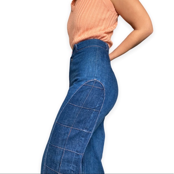 Vintage 70s Patchwork Bell Bottom Jeans Dark Wash High Waisted - Picture 2 of 5